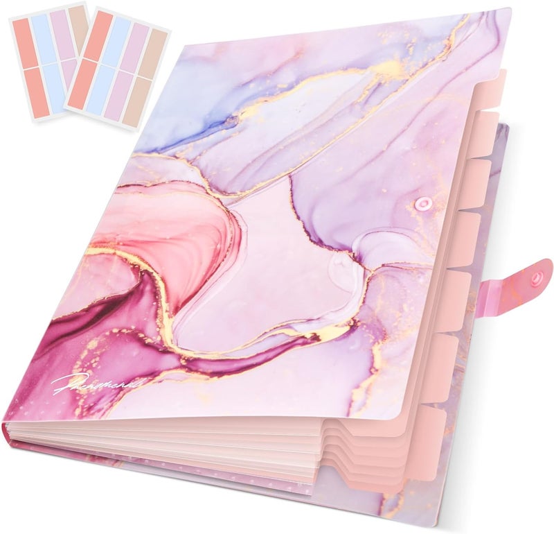 Rihan Expanding File Folder, Folders for Important Documents Organizer, Accordion File Organizer, Aesthetic Folders for School Students, 8 Pockets File Folder for Home Bills (Pink Gold Marble) - Image 1